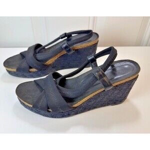 Donald J. Pliner Black Bowie Straw Wedge Sandals Shoes Women's Size 7.5M